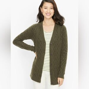 Talbots Textured Cable Knit Cardigan Soft Cozy Button Front Army Green Size L